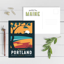 Load image into Gallery viewer, Portland Maine Postcard (dark palette) | Vintage Travel Postcard | Portland Postcard | Maine Postcard | Portland Maine Postcard