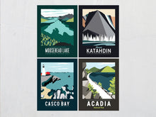 Load image into Gallery viewer, Maine Print Set | Maine Art Set | Acadia National Park | Moosehead Lake | Casco Bay | Katahdin | Maine Travel Art
